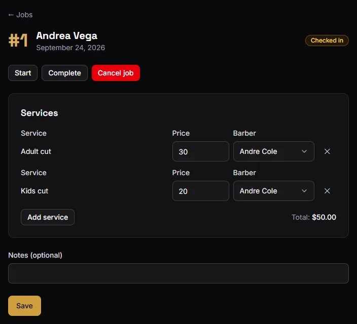 A checked-in visit: Start, Complete, and each service with its barber
