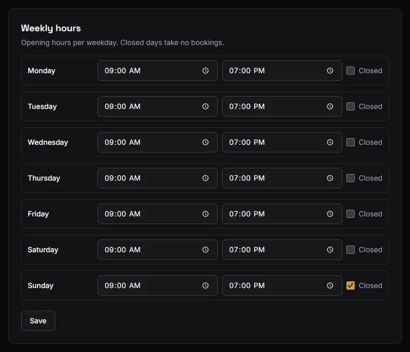Settings → Weekly hours